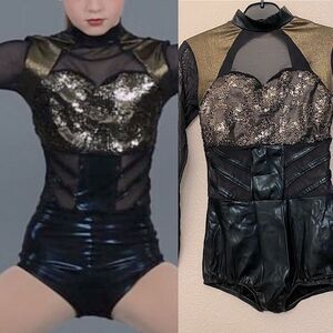 Dansco Dance Costume black gold unitard jumpsuit black mesh sequin Child LC